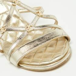 Chanel Light Gold Leather Faux Pearl Embellished CC Ankle Strap Block Heel Sandals Size 36.5