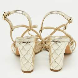 Chanel Light Gold Leather Faux Pearl Embellished CC Ankle Strap Block Heel Sandals Size 36.5