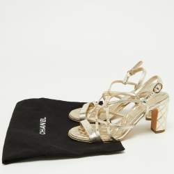 Chanel Light Gold Leather Faux Pearl Embellished CC Ankle Strap Block Heel Sandals Size 36.5