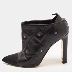 Chanel Black Leather Quilted Leather CC and Crystal Embellished Booties Size 39