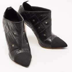 Chanel Black Leather Quilted Leather CC and Crystal Embellished Booties Size 39