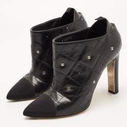 Chanel Black Leather Quilted Leather CC and Crystal Embellished Booties Size 39