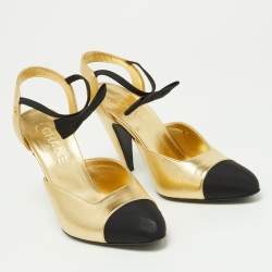 Chanel Gold/Black Leather Cap Toe Slingback Sandals Size 36.5