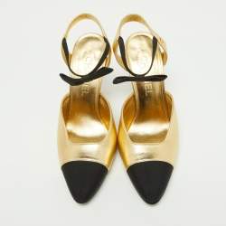 Chanel Gold/Black Leather Cap Toe Slingback Sandals Size 36.5