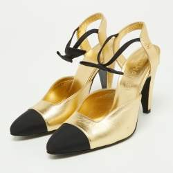 Chanel Gold/Black Leather Cap Toe Slingback Sandals Size 36.5