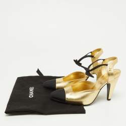 Chanel Gold/Black Leather Cap Toe Slingback Sandals Size 36.5
