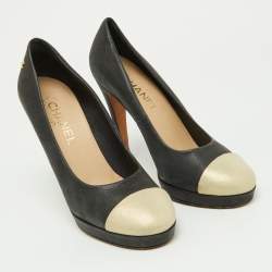 Chanel Beige/Black Iridescent Leather CC Cap Toe Pumps Size 38