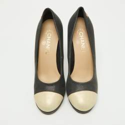 Chanel Beige/Black Iridescent Leather CC Cap Toe Pumps Size 38