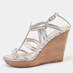 Chanel Silver Python Embossed Wedge Sandals Size 37.5