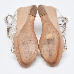 Chanel Silver Python Embossed Wedge Sandals Size 37.5