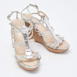 Chanel Silver Python Embossed Wedge Sandals Size 37.5