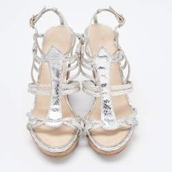 Chanel Silver Python Embossed Wedge Sandals Size 37.5