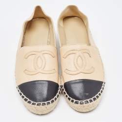 Chanel Beige/Black Leather CC Espadrille Flats Size 36