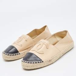 Chanel Beige/Black Leather CC Espadrille Flats Size 36