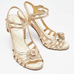 Chanel Metallic Gold Leather Camellia Ankle Strap Sandals Size 39.5