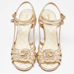 Chanel Metallic Gold Leather Camellia Ankle Strap Sandals Size 39.5