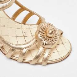 Chanel Metallic Gold Leather Camellia Ankle Strap Sandals Size 39.5