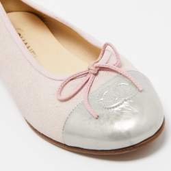 Chanel Pink/Silver Canvas and Leather CC Cap Toe Bow Ballet Flats Size 39