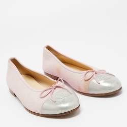 Chanel Pink/Silver Canvas and Leather CC Cap Toe Bow Ballet Flats Size 39