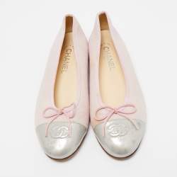 Chanel Pink/Silver Canvas and Leather CC Cap Toe Bow Ballet Flats Size 39