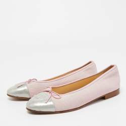 Chanel Pink/Silver Canvas and Leather CC Cap Toe Bow Ballet Flats Size 39