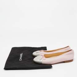 Chanel Pink/Silver Canvas and Leather CC Cap Toe Bow Ballet Flats Size 39