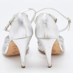 Pre Owned Chanel Silver Knotted Leather CC Ankle Strap Sandals 38.5 