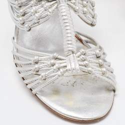 Pre Owned Chanel Silver Knotted Leather CC Ankle Strap Sandals 38.5 