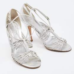 Pre Owned Chanel Silver Knotted Leather CC Ankle Strap Sandals 38.5 