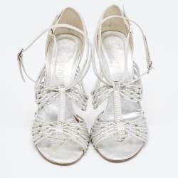 Pre Owned Chanel Silver Knotted Leather CC Ankle Strap Sandals 38.5 