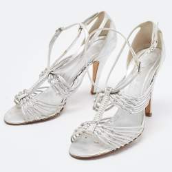 Pre Owned Chanel Silver Knotted Leather CC Ankle Strap Sandals 38.5 