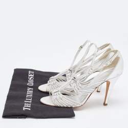 Pre Owned Chanel Silver Knotted Leather CC Ankle Strap Sandals 38.5 