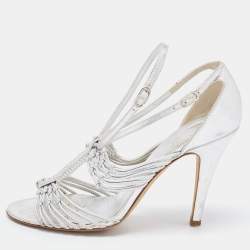 Pre Owned Chanel Silver Knotted Leather CC Ankle Strap Sandals 38.5 
