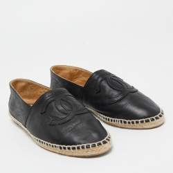 Chanel Black Leather CC Espadrille Flats Size 38