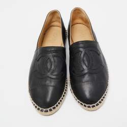 Chanel Black Leather CC Espadrille Flats Size 38