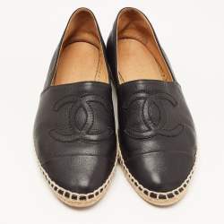 Chanel Black Leather CC Espadrille Flats Size 37