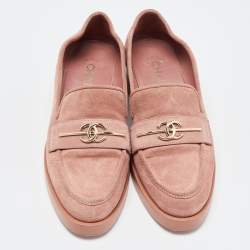 Chanel Pink Suede CC Loafers Size 38