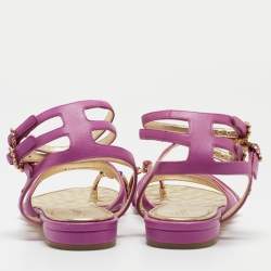 Pre Owned Chanel Purple Leather Embellished Toe Ring Ankle Strap Flat Sandals Size 36.5