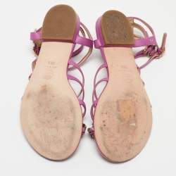 Pre Owned Chanel Purple Leather Embellished Toe Ring Ankle Strap Flat Sandals Size 36.5