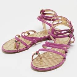 Pre Owned Chanel Purple Leather Embellished Toe Ring Ankle Strap Flat Sandals Size 36.5