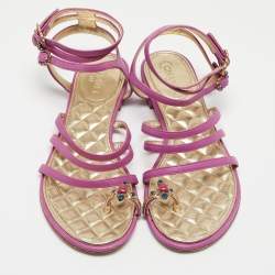 Pre Owned Chanel Purple Leather Embellished Toe Ring Ankle Strap Flat Sandals Size 36.5