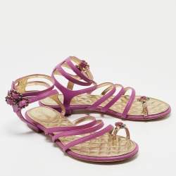 Pre Owned Chanel Purple Leather Embellished Toe Ring Ankle Strap Flat Sandals Size 36.5