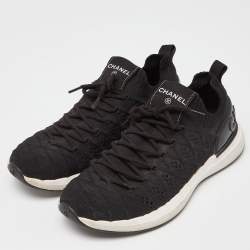 Pre Owned Chanel Black Knit Fabric Lace Up Sneakers Size 38.5