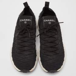 Pre Owned Chanel Black Knit Fabric Lace Up Sneakers Size 38.5