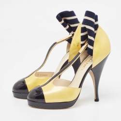Pre Owned Chanel Yellow/Black Patent Leather T-Strap Ankle Sock Platform Pumps Size 39