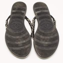 Pre Owned Chanel Black Suede Chain Detail Thong Flat Slides Size 37.5