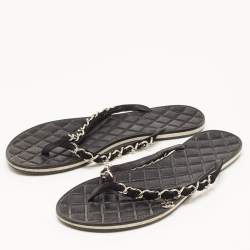 Pre Owned Chanel Black Suede Chain Detail Thong Flat Slides Size 37.5