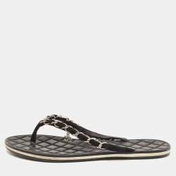 Pre Owned Chanel Black Suede Chain Detail Thong Flat Slides Size 37.5