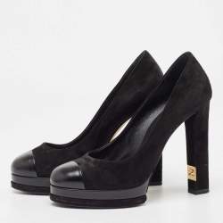 Pre Owned Chanel Black Suede and Leather Cap Toe Platform Pumps Size 38