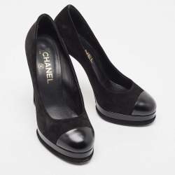 Pre Owned Chanel Black Suede and Leather Cap Toe Platform Pumps Size 38
